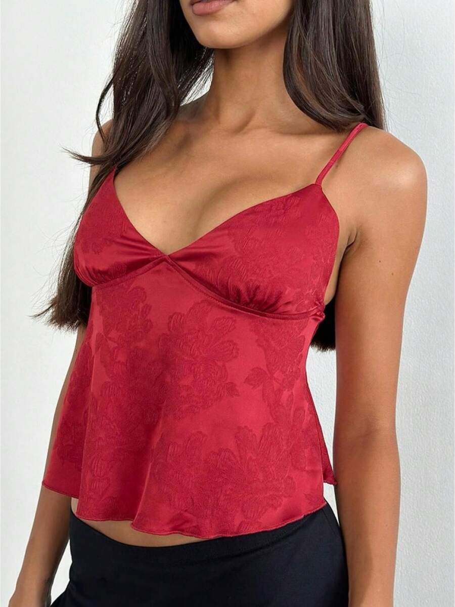 Stand Out In Style With Our Champagne Floral V-Neck Camisole - Available In S, M, L - Đỏ - Xem 1