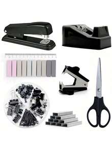 Office Supplies Set Desk Accessories, School Supplies Set: Desk Pen Holder, Stapler, Tape Dispenser, Scissors, Ruler, Binder/Paper Clips, And 1,000 Staples - Sets - View 17