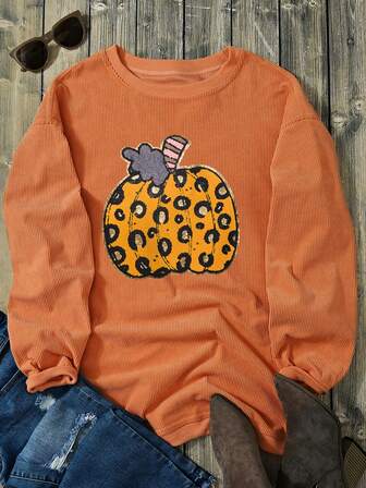 Women's Orange Crinkle Ribbed Halloween Leopard Pumpkin Graphic Sweatshirt
