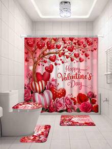 1/4 piezas Juego de cortina de ducha para decoración del Día de San Valentín, cortina de baño lavable con patrón romántico de rosas florales en forma de corazón, regalo de baño con 12 ganchos, tapa de inodoro en forma de U antideslizante, alfombra de baño - Multicolor - Ver 18