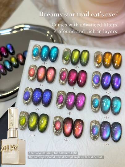  XEIJAYI 12-Colors Cat Eye Nail Polish 15ml Reflective Cat's Eye Magnetic Nail Gel Soaking UV LED Gel Salon Female Nail Art Tools Fashion Holographic Nail Art Nails