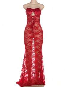 Mermaid Maxi Dress Women's New Mesh Strapless Tube Top Evening Dress - Lace-Up Cutout Sheer Bridesmaid - 紅色 - 查看 4