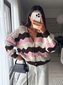 Joy 针织女式毛衣，秋冬新款时尚单品 - 基础款上衣 - 休闲百搭 - 情人节和圣诞节撞色波浪条纹爱心纽扣V领开衫针织毛衣外套 - 女士办公室穿搭 - 外出上衣 - 派对 - 新年粉色 - 粉色 - 查看 3