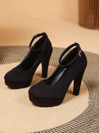 1 par de sandalias de tacón alto para mujer, casuales, de moda, cómodas, antideslizantes, de plataforma, de tacón grueso, de unicolor, con cierre de hebilla, elegantes, para uso diario y exterior, de talla grande, para fiestas