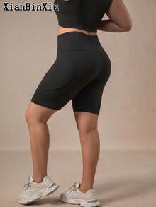 XianBinXiu 1pc Plus Size Women's Knee Length Yoga Cycling Shorts, High Elasticity Butt Lifting Curve Enhancing Workout Pants, High Waist Tummy Control Yoga Leggings, Knit Fabric Breathable Running Shorts With Pockets, Suitable For Cycling, Fitness, Running Sports - Black - View 9