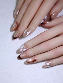 10pcs Short Oval Brown Cat Eye 100% Handmade Press On Nails - Star Accents & Rhinestones Nail Decoration False Nails | Reusable Long Lasting DIY Fake Nail Tips For Daily Wear And Holiday Nail Beauty - Mocha Brown - View 3