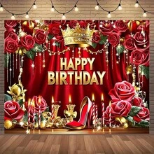 1 pieza plana 2D, Lujoso telón de fondo de fiesta de cumpleaños rojo y dorado, Tela de fondo multiusos y suministros para pancartas de cumpleaños, Perfecto para fotos de fiesta, decoraciones de mesa de pastel y celebraciones al aire libre - Multicolor - Ver 2