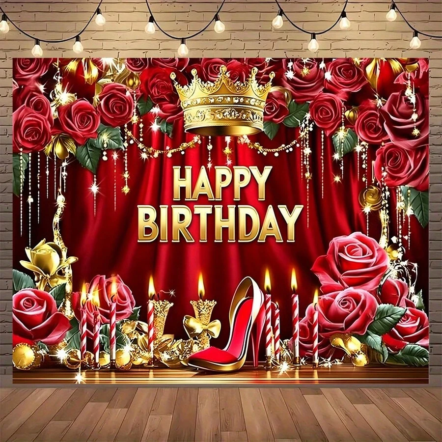 1 pieza plana 2D, Lujoso telón de fondo de fiesta de cumpleaños rojo y dorado, Tela de fondo multiusos y suministros para pancartas de cumpleaños, Perfecto para fotos de fiesta, decoraciones de mesa de pastel y celebraciones al aire libre