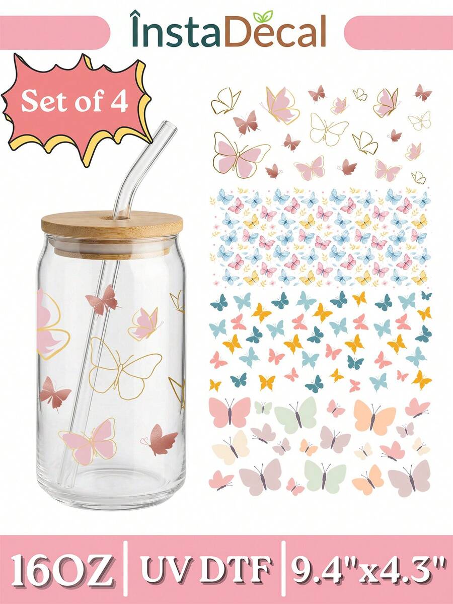 Bộ 4 miếng dán cốc UV hình bướm thẩm mỹ cho lon thủy tinh 16oz, miếng dán chuyển hình bướm bay màu hồng nhạt, xanh lam vàng, miếng dán chống thấm nước tự làm mùa xuân (9,4x4,3in) - Bướm màu phấn - Xem 1