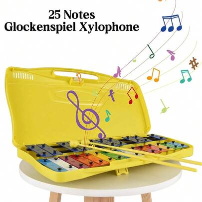 25-Note Xylophone Wooden Percussion Musical Instrument With Colorful Metal Keys, Includes Carrying Case And 2 Mallets, Suitable For Beginners