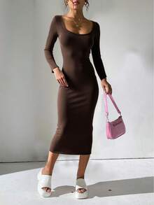 Đầm dài tay cổ vuông gợi cảm cỡ lớn dành cho nữ, Đầm dài đơn sắc thường ngày tôn dáng, Đầm năm mới - màu nâu - Xem 1