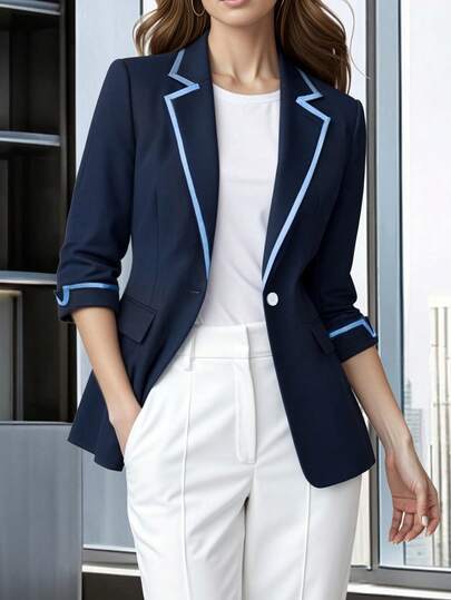 HOMEYEE เสื้อเบลเซอร์ปกคอแบะ แขน 3/4 ส่วน บล็อคสี วินเทจ ลำลอง สง่างาม สำหรับใส่ทุกวัน ทำงาน เดินทาง