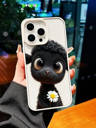 Kawaii Fluffy Black Lamb Phone Case - Featuring Big Round Sparkly Eyes, Curly Fluffy Fur Texture, Minimalist White Background, Cute 3D Cartoon Aesthetic, Compatible With IPhone16,16plus,16pro Max,16e,16pro, 15,15plus,15pro Max,15pro, 14,14plus,14pro Max,14pro, 13,13pro,13pro Max, 12,12pro,12pro Max