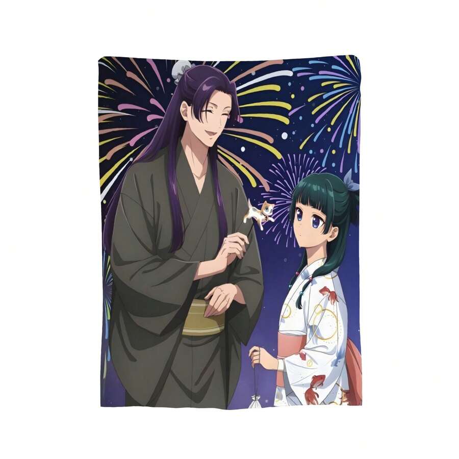 Manta do anime The Apothecary Diaries - Manta macia de flanela para todas as estações com personagens de mangá japonês em tons pastel de roxo, rosa, verde e marrom. - Multicolorido - Ver 1