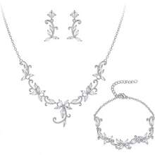 Crysdue Flower Leaf Wedding Jewelry Set Bridal Bridemaid, Cubic Zirconia Teardrop Elegant Silver/14K/Gold Plated Vine Necklace Dangle Earrings Prom Party - B_三套銀色 - 查看 1