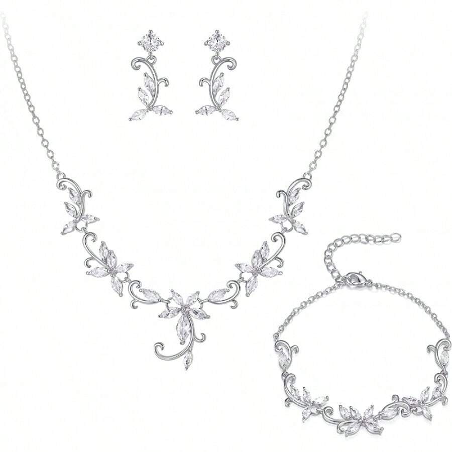 Crysdue Flower Leaf Wedding Jewelry Set Bridal Bridemaid, Cubic Zirconia Teardrop Elegant Silver/14K/Gold Plated Vine Necklace Dangle Earrings Prom Party - B_三套銀色 - 查看 1