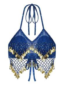 女士亮片串珠流苏露背短款上衣，短款透明亮片雪纺衬衫，波西米亚风节日肚皮舞服装（不可拆卸胸垫） - 彩色 - 查看 10