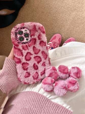 Wnter Leopard Plush Phone Case With Wrist Strap, Suitable For IPhone 14 Pro Max, 14 Pro, 14, 15 Pro Max, 15 Pro, 15, 16 Pro Max, 16 Pro, 16, 13 Pro Max, 13 Pro, Minimalist Design For Women