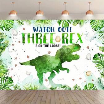 1 Dinosaur Birthday Party Background Banner - 'Caution! Three T-Rexes On The Loose' Theme, Green Watercolor T-Rex With Confetti And Palm Leaves, Suitable For Kids' Parties, Birthdays, Weddings, Photo And Video Shoots, And Room Decoration, Birthday Party Decor