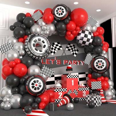 124pcs Racing Car Theme Balloon Garland Set, Includes Tire Shaped Balloons, Black & White Checkered Foil Balloons, And Red, Black, Silver Latex Balloons. Suitable For Birthday Party, Baby Shower, Racing Event, Game Party, And Other Sports/Racing Themed Parties.