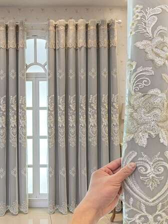 1 pieza Nueva cortina traslúcida de doble capa bordada, cortina opaca de lujo ligera para sala de estar, dormitorio, color en polvo, gris, morado, diseño perforado para fácil remoción