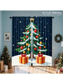 2-Piece Christmas Curtains - Dark Blue Snowflake Background With Gifts, Privacy Curtains, Rod Hanging Suitable For Living Room, Bedroom, Bathroom - Machine Washable Polyester Holiday Decorations And Gifts, Seasonal Blackout, Festive Curtain Design, Winter Decor, Modern Style, Durable Material, Decorative Panels, Home Decor, Christmas Decorations - 彩色 - 查看 1