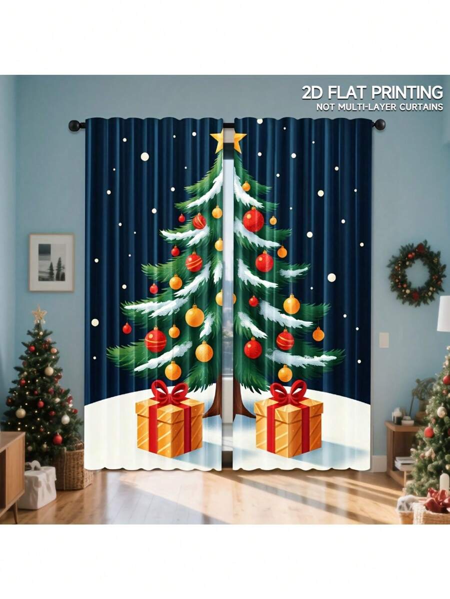 2-Piece Christmas Curtains - Dark Blue Snowflake Background With Gifts, Privacy Curtains, Rod Hanging Suitable For Living Room, Bedroom, Bathroom - Machine Washable Polyester Holiday Decorations And Gifts, Seasonal Blackout, Festive Curtain Design, Winter Decor, Modern Style, Durable Material, Decorative Panels, Home Decor, Christmas Decorations - 彩色 - 查看 1