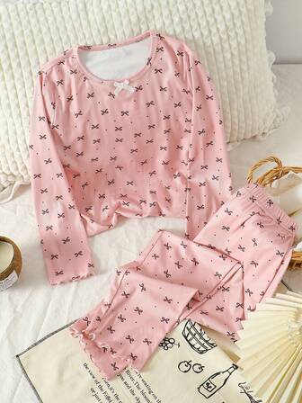 2 piezas Conjunto casual para niñas, blusa de manga larga con cuello redondo y volantes con estampado de mariposa en rosa y pantalón largo, para primavera/otoño