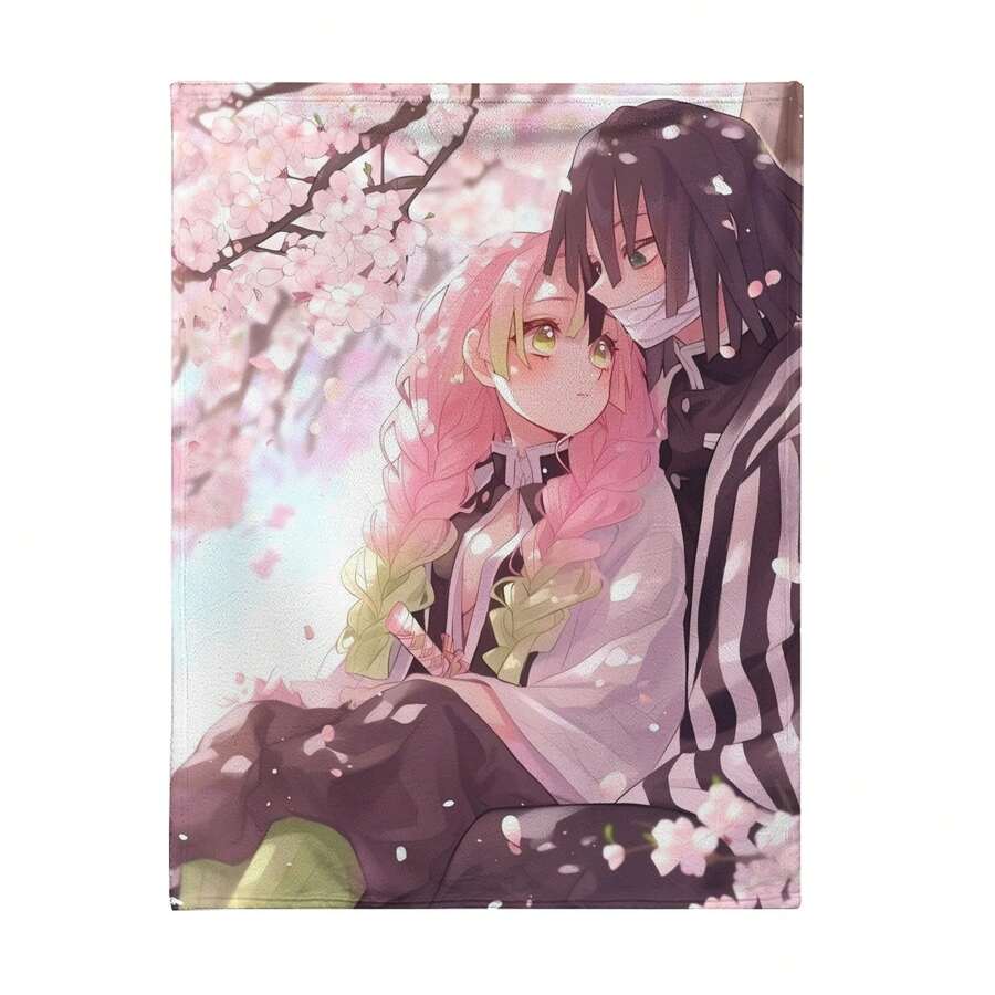1 Stück Mitsuri X Obanai Anime Decke - Weicher Flanell Ganzjahres-Kuscheldecke mit pastellrosa und lila Kirschblüten Design, maschinenwaschbar für Sofa, Bett, Reise, Camping, Büro, japanische Manga Charaktere - Verschiedenfarbig - Übersicht 1