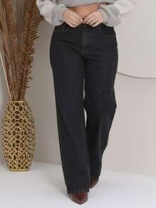 Women's Wide Leg Jeans, Marbled Pattern, High Waist, Wide Leg, Gaven Brand, Thick Fabric, 100% Denim - 黑鉛 - 查看 1