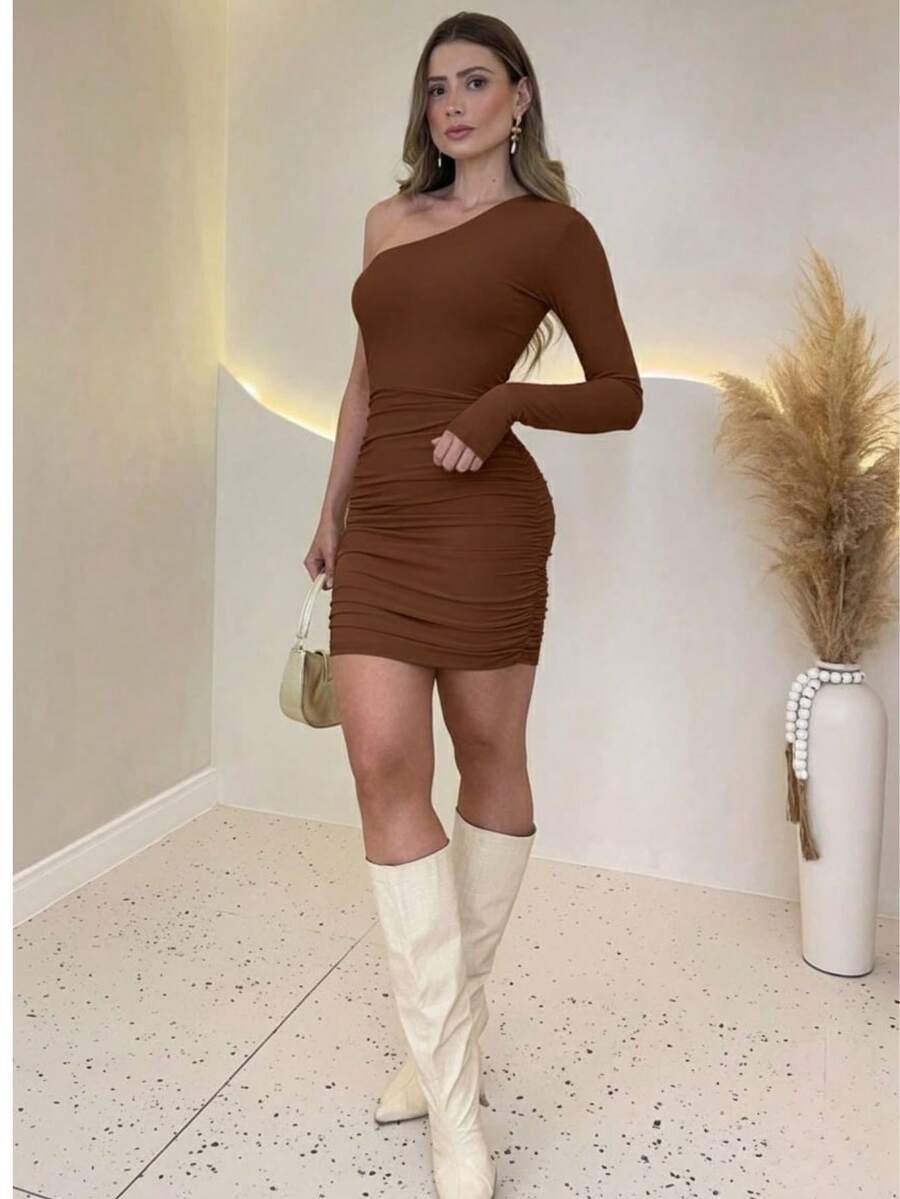 Women's Dress With Long Sleeve Cutout Elegant Pleated In Suplex In Solid Color For Winter And Summer Rodeo Festa Junina Quadrilha São João Party Night Show - 鏽棕色 - 查看 1