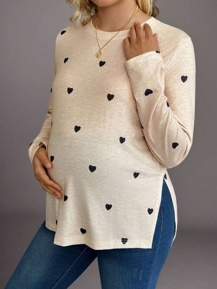 孕妇休闲爱心印花圆领侧开衩长袖T恤，日常穿着 - 杏色 - 查看 1