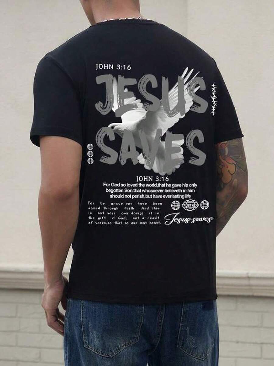 Camiseta de manga corta con cuello redondo simple y estampado gráfico de letras para hombres, color negro, estilo de verano, emo - Negro - Ver 1