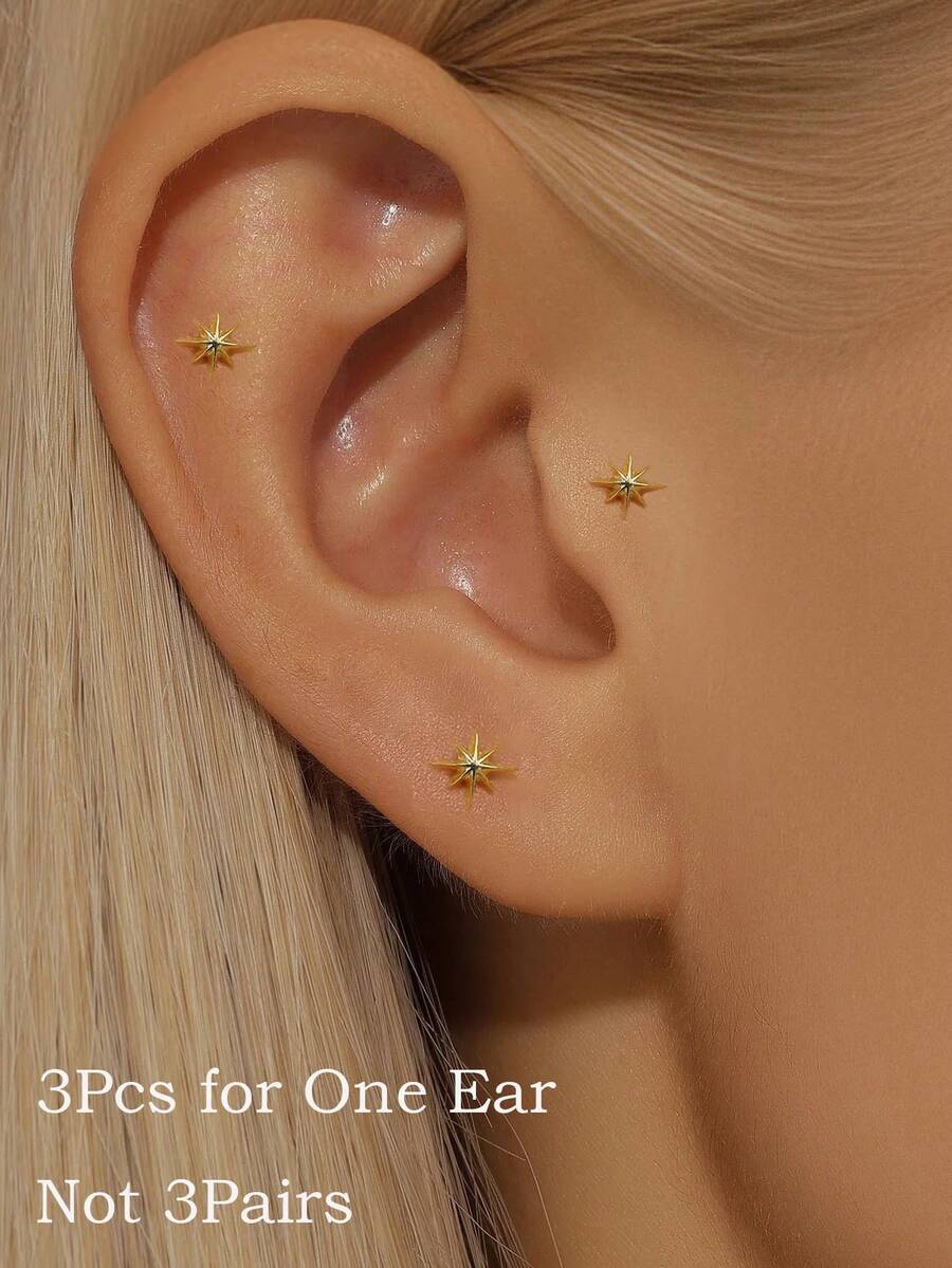Bộ 3 khuyên tai hình ngôi sao xếp chồng tinh tế, mạ vàng 14K, thiết kế hình ngôi sao, ít gây dị ứng, khuyên tai sụn nhỏ nhắn, thích hợp đeo hàng ngày, phù hợp với nhiều lỗ tai, dành cho nữ/bé gái. - Vàng-7# - Xem 1