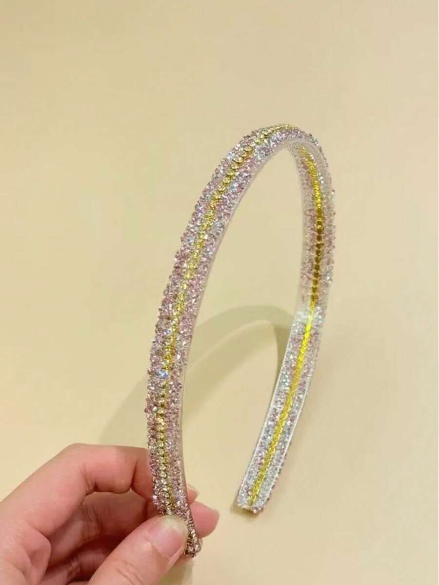 1 chiếc băng đô cài tóc màu vàng lấp lánh, kiểu dây xích, ngọt ngào và đa năng, thích hợp cho đi chơi, sinh nhật, tạo kiểu tóc mái, phụ kiện tóc đính đá sang trọng, quà tặng ngày Valentine. - Đá giả màu hồng - Xem 1