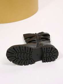 Women's Moto Inspired Ruched Ankle Boots With Double Buckles – PU Leather Low Heel Short Boots, Round Toe For Fall & Winter - 黑色 - 查看 6