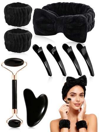 9pcs/Set Facial Beauty Massage & Cleansing Tool Kit, Includes Facial Gua Sha Board, Massage Roller, Headband, Wristband, Hair Clips, Suitable For Women, Students, Mothers, Sisters, Gift For Holidays