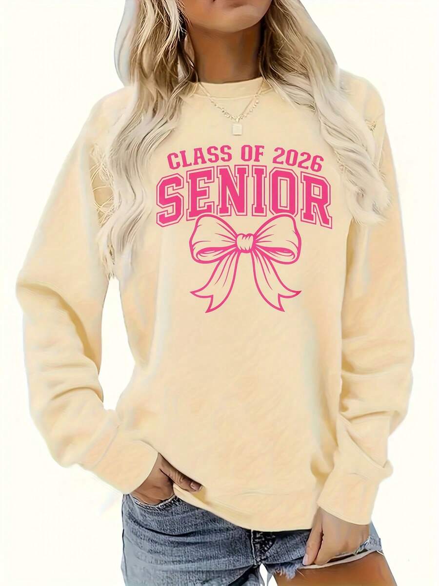 Women'S 2026 Graduation Hoodie - Class Of 2026 Senior Year Sweatshirt With Pink Bow & Diploma Print, Comfortable Round-Neck Long Sleeve Casual Pullover For Graduation Party Outfits, Senior Week Events, Gift For Friends & Family (Black With Pink Lettering) - All-Season Wear, Geometric Pattern, Relaxed Fit, Soft Fabric, Ideal For Campus & Daily Wear, Perfect Graduation Gift For Women, Fall Sweatshirt For Women, Fall Clothe For Women, Women' Sweatshirt, Women Fall Clothe, Womenwinter Clothes For Women,New Years Outfit Women,New Year's Eve Vibe Women's Crewneck Sweatshirt - Màu be - Xem 1