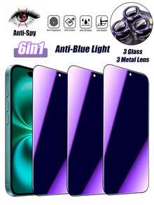 [6 IN 1] 3 Pcs Purple Screen Glass + 3 Pcs Metal Lens Anti-Blue Light Privacy Screen Protector Compatible With IPhone - Purple - View 10