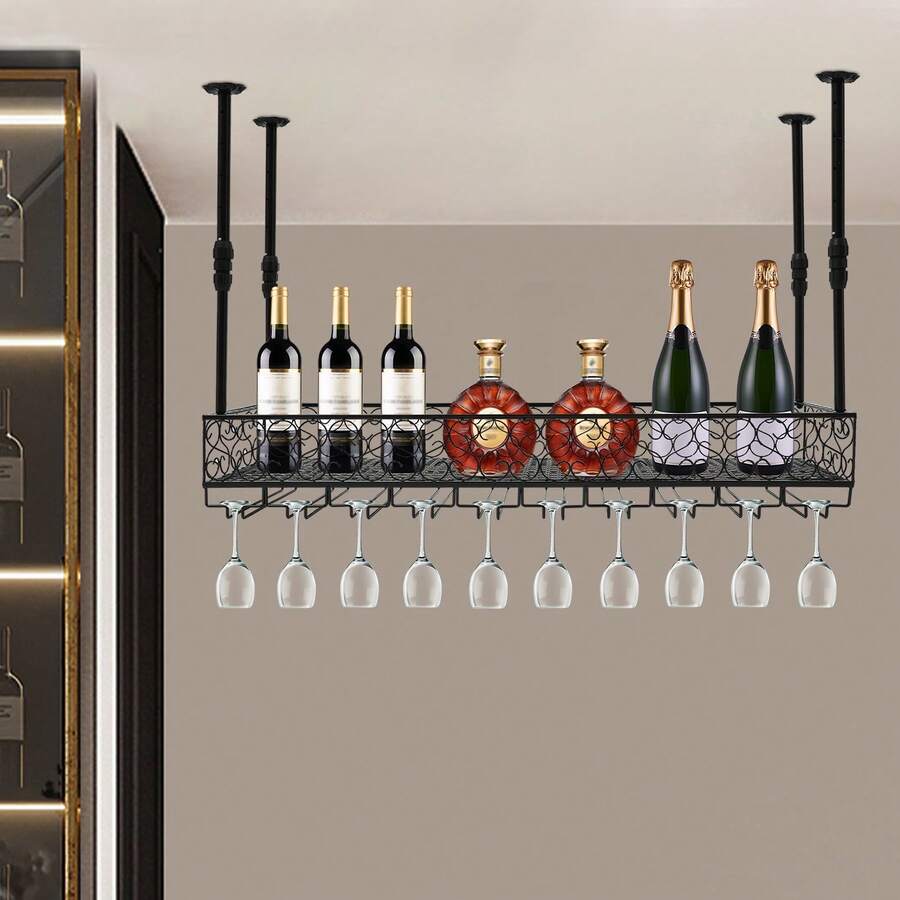 YUNRUX Ceiling-Mounted Wine Rack, Wine Organizer With Glass Holders, Hanging Wine Rack - Black - View 1