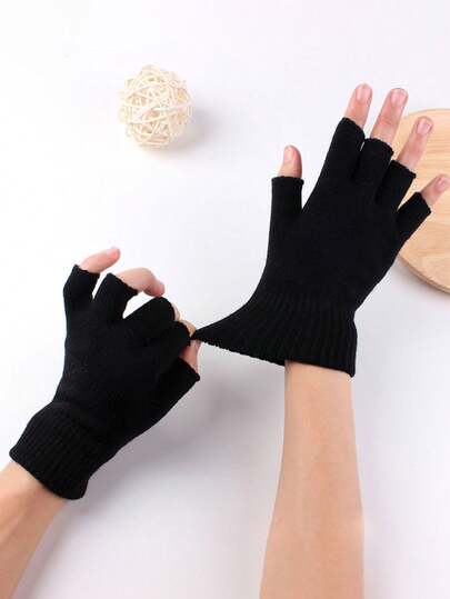1 Pair Men's Solid Color Fingerless Knitted Gloves, Warm And Windproof For Autumn/Winter Daily Use