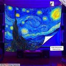 1pc Vibrant Van Gogh Starry Sky Fluorescent Peach Skin Velvet Tapestry - UV Black Light Reactive, Boho Chic Wall Hanging For Living Room, Bedroom, Dorm Room - Easy To Hang With Free Installation Accessories, Perfect Home Decor For Art Lovers