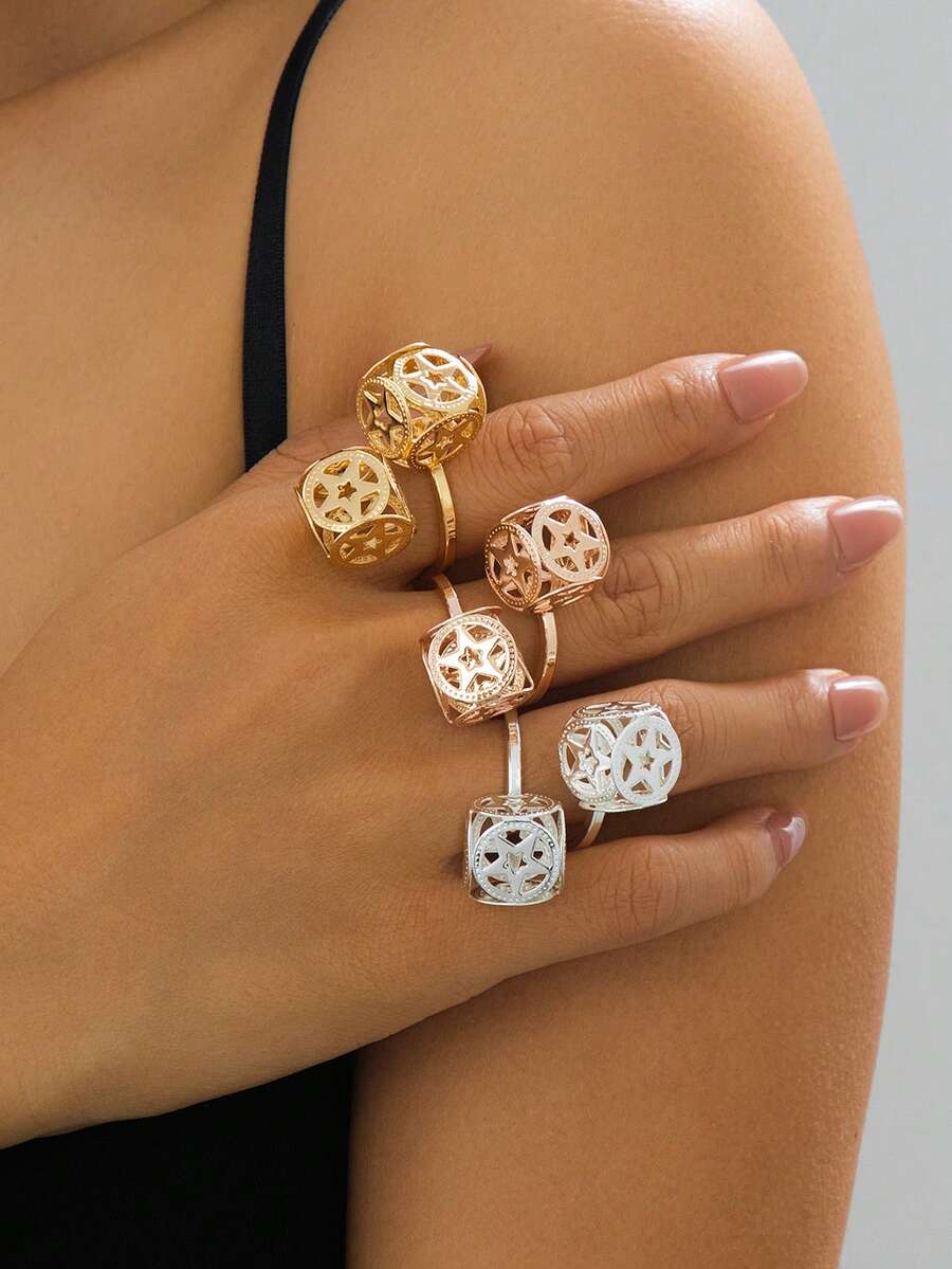 女士风格个性化方形镂空小星星独特创意三件套戒指（不含礼盒） - 彩色 - 查看 1