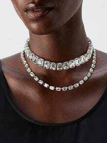 1pc Vintage Square Double-Layer Crystal Necklace, Delicate Geometric Rhinestone Choker Necklace, Fashionable And Versatile Accessory