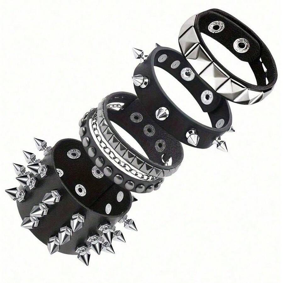 Punk Style Bracelet, Unisex Gothic Clothing Accessories, Rivet Leather Bracelet For Hiphop And Rock Outfits - Black - View 1