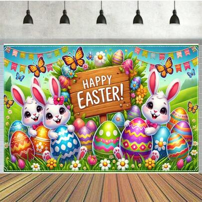 2D 平面 1 件装复活节兔子涤纶背景布 - 多用途横幅/旗帜，适用于生日、蛋糕桌、影棚派对装饰、户外庆祝活动，无需用电。