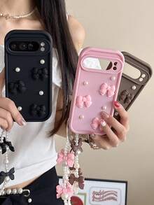 3D Bow Pearl Anti-Shock Matte Full Coverage Phone Case With Bow Wrist Strap, Designed For Pixel 8 Pro/8A/9 Pro XL, Provides Shock Protection - Pink - View 4