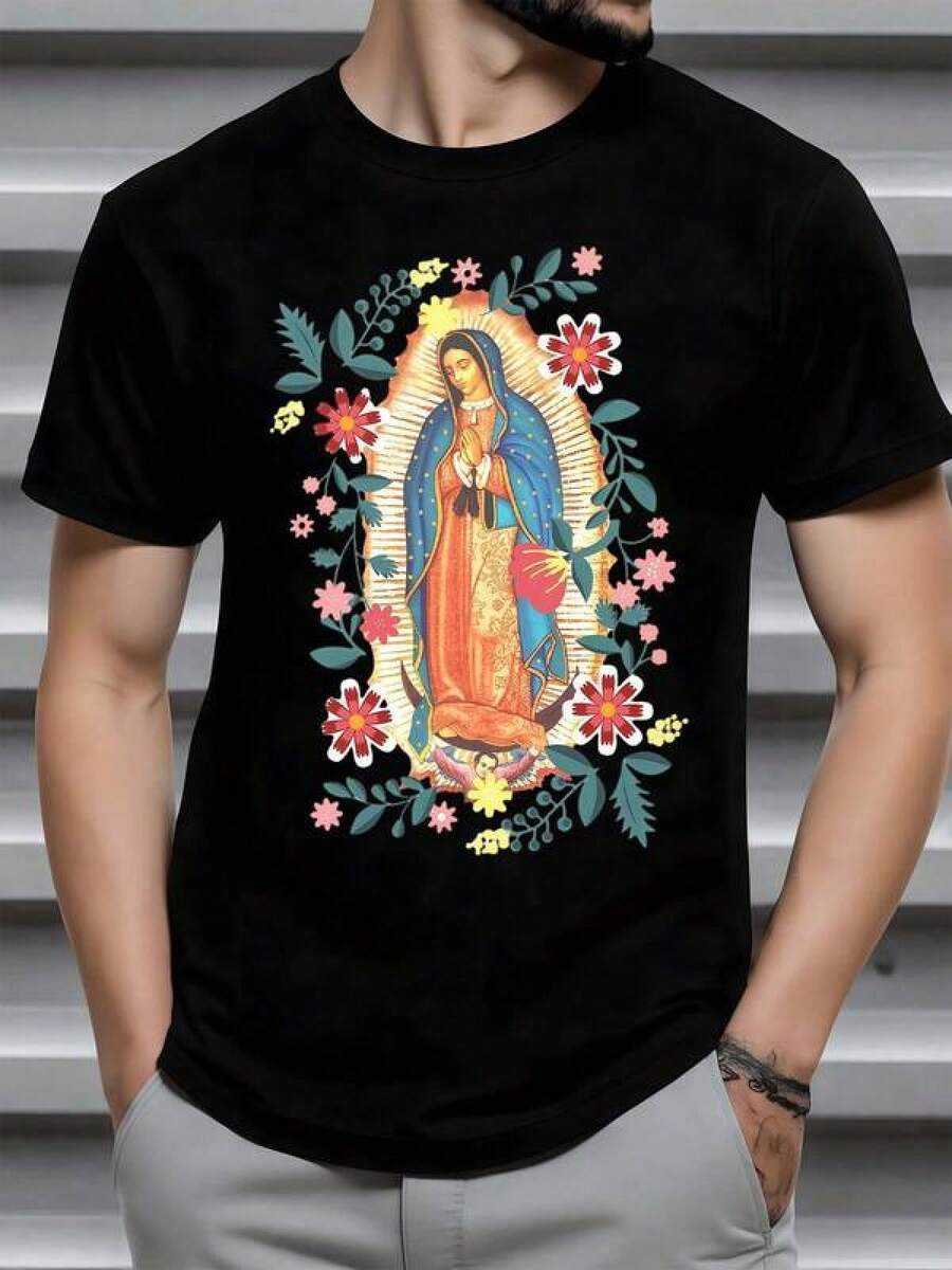 Figura colorida de la Virgen rodeada de un halo dorado y múltiples flores que simbolizan paz esperanza y devoción profunda con d - Negro - Ver 1