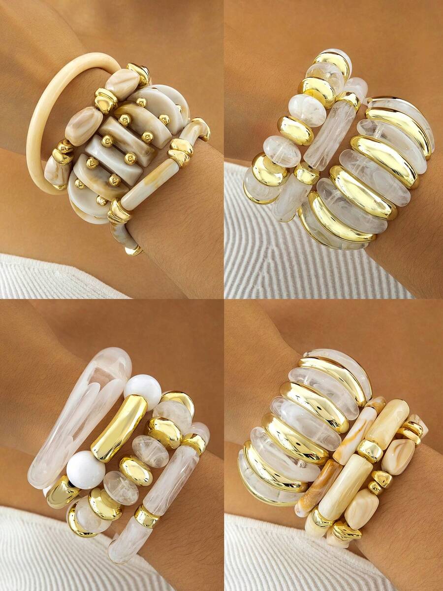 imoli Bộ 3/4 chiếc vòng tay acrylic đính hạt hình học tối giản, màu hổ phách, bộ quà tặng trang sức đa năng dành cho nữ, phù hợp để đeo hàng ngày và trong mọi dịp. - Nhiều màu - Xem 1