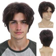 男士棕色短假发，带刘海，逼真合成发丝，适合日常佩戴、角色扮演、圣诞节、化装舞会和动漫服装，REEWES 男士假发